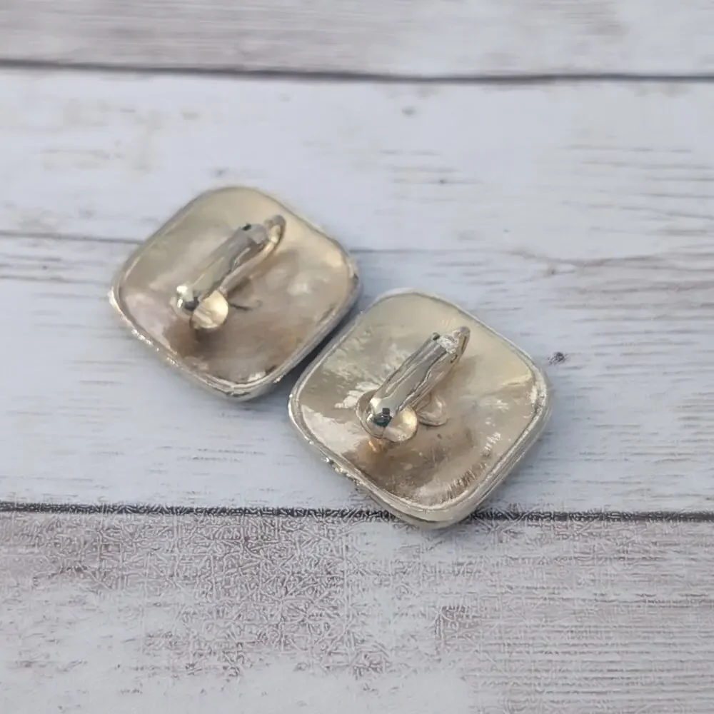 Vintage Clip On Earrings Dark Green & Gold Tone Retro Statement